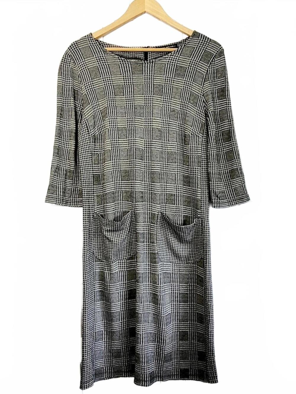 PIETRO BRUNELLI MILANO Ladies Houndstooth Herringbone Print Knit Shift Dress ¾ L
